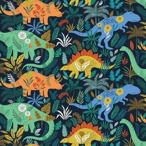Dinosaurios en azul oscuro - Algodón