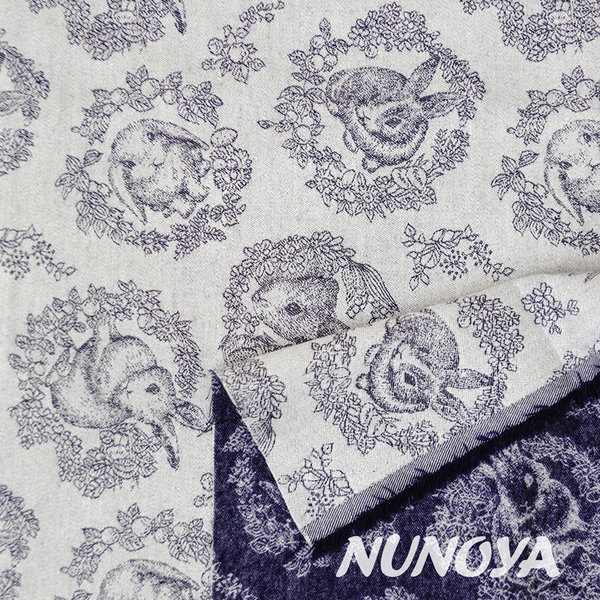 Sweet bunnies, in navy blue - Yarn dyed cotton Jacquard