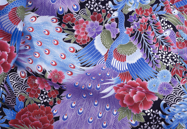 Blue an purple peacock, ookiku with silver seikaiha - Cotton