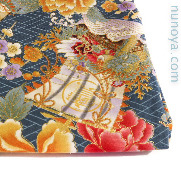 Golden and pink kiku with green dragon - Blue green - Cotton