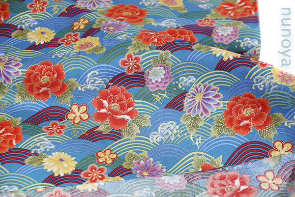 Colorful seigaiha and flowers - Blue - Cotton