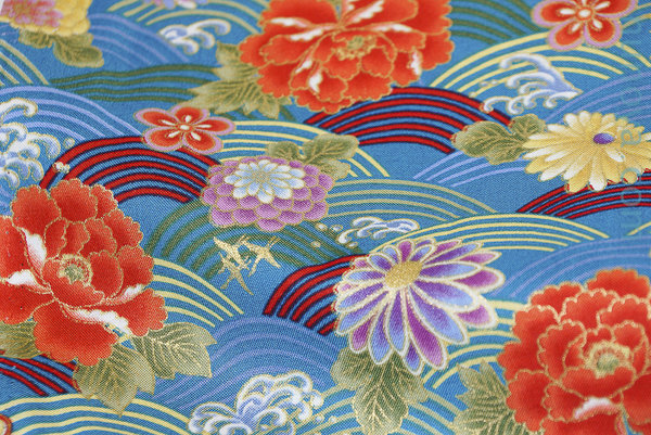 Seigaiha coloré et fleurs - Bleu - Coton