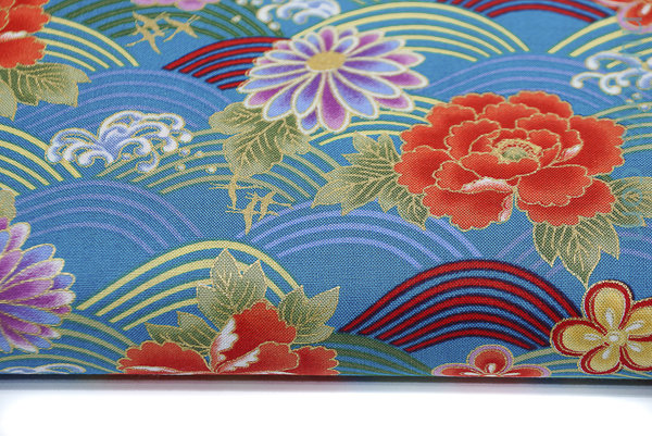 Colorful seigaiha and flowers - Blue - Cotton