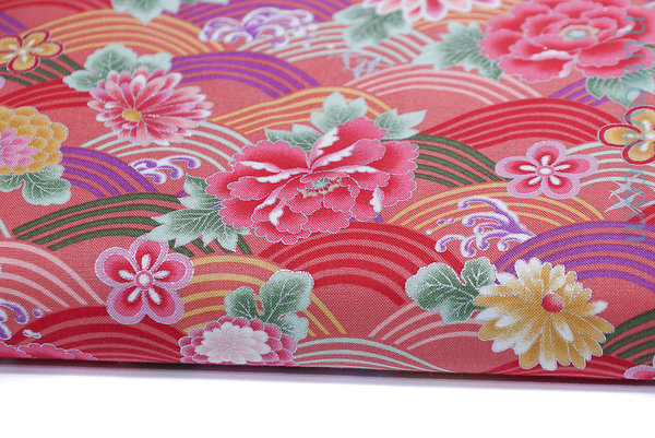 Seigaiha coloré et fleurs - Rose - Coton