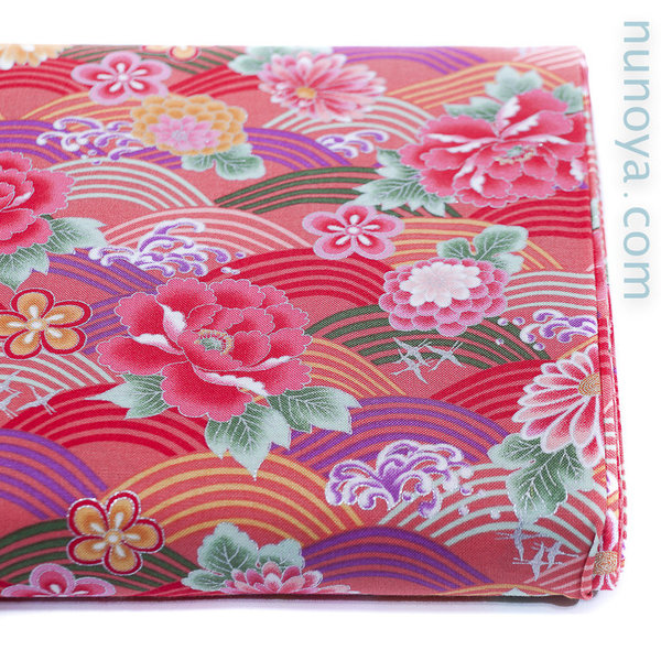 Seigaiha y flores coloridas - Rosa - Algodón