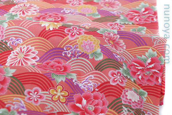 Seigaiha coloré et fleurs - Rose - Coton