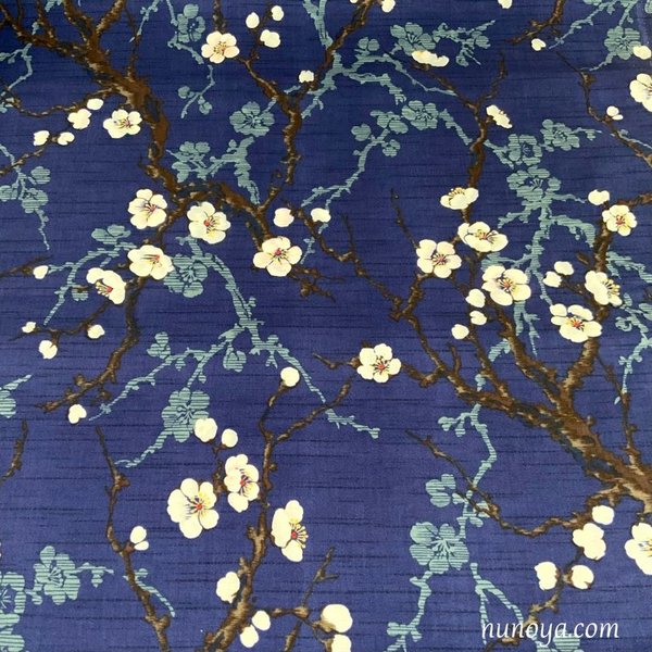 Plum tree branch, navy blue - Cotton