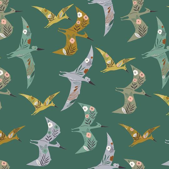 Flying dinosaurs on moss green - Cotton