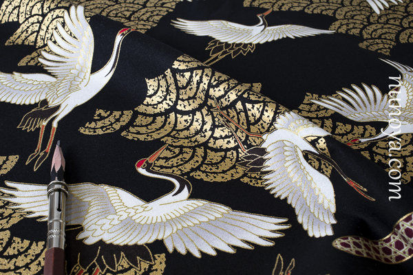 White tsurus and golden seikaiha - on black - Cotton