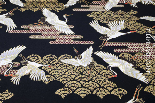 White tsurus and golden seikaiha - on black - Cotton
