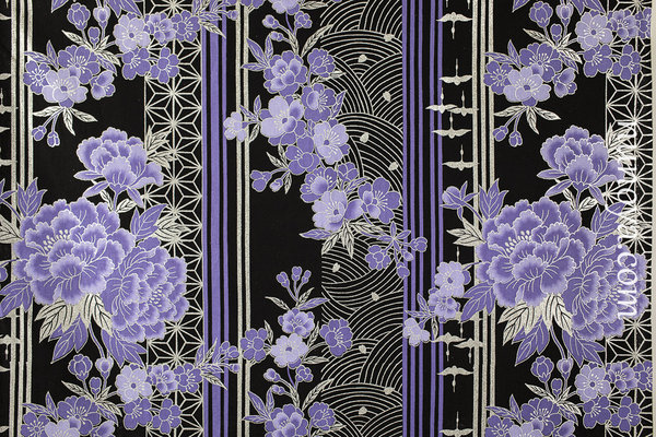 Light purple Kikus and silver Tsurus on black - Cotton