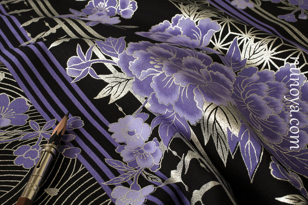 Light purple Kikus and silver Tsurus on black - Cotton
