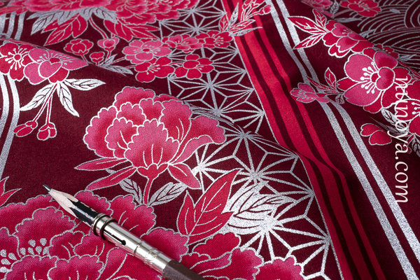 Red Kikus and silver Tsurus on burgundy - Cotton