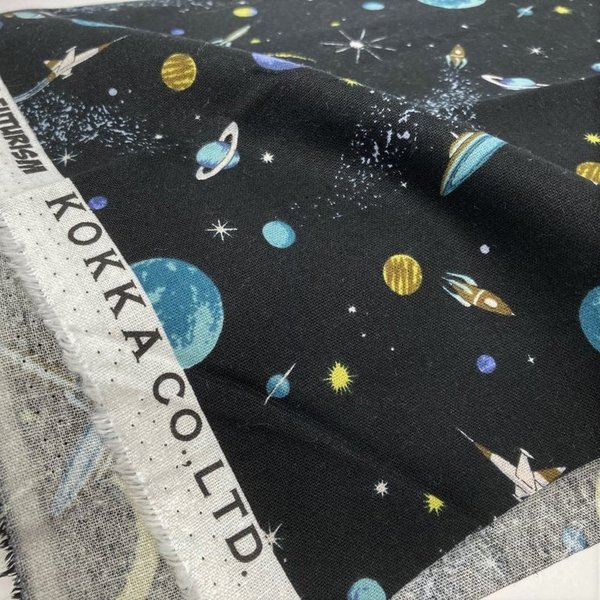 Planets and skyrockets in black - Cotton & linen