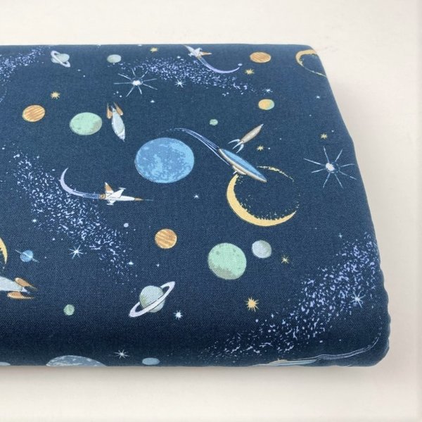 Planets and skyrockets in navy - Cotton & line
