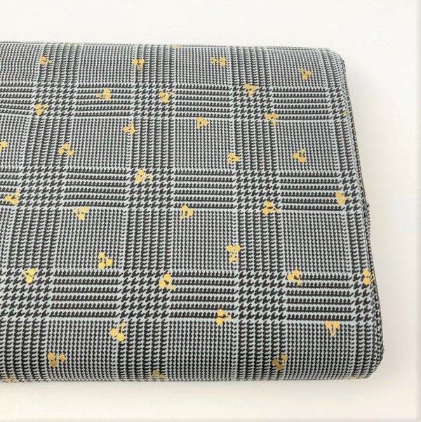 Golden cherries on houndstooth on very light blue- Cotton sheeting