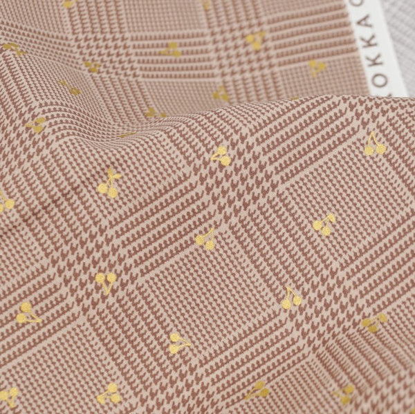 Golden cherries on houndstooth on pink - Cotton sheeting