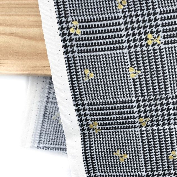 Golden cherries on houndstooth on blue grey - Cotton sheeting