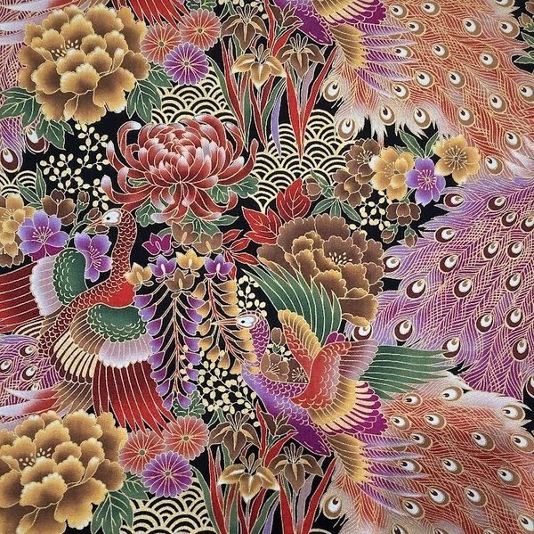 Purple peacock, ookiku with golden seikaiha - Cotton