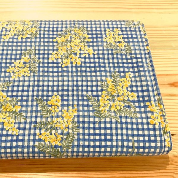 Mimosa flowers on blue checks - Cotton/Linen