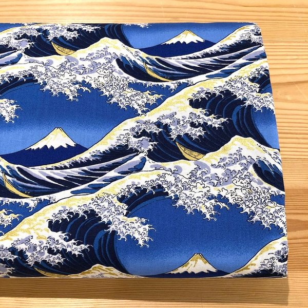 Fuji to nami - Azul profundo - Oro metálico - Algodón