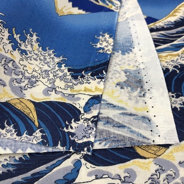 Fuji to nami - Bleu profond - Or métallisé - coton